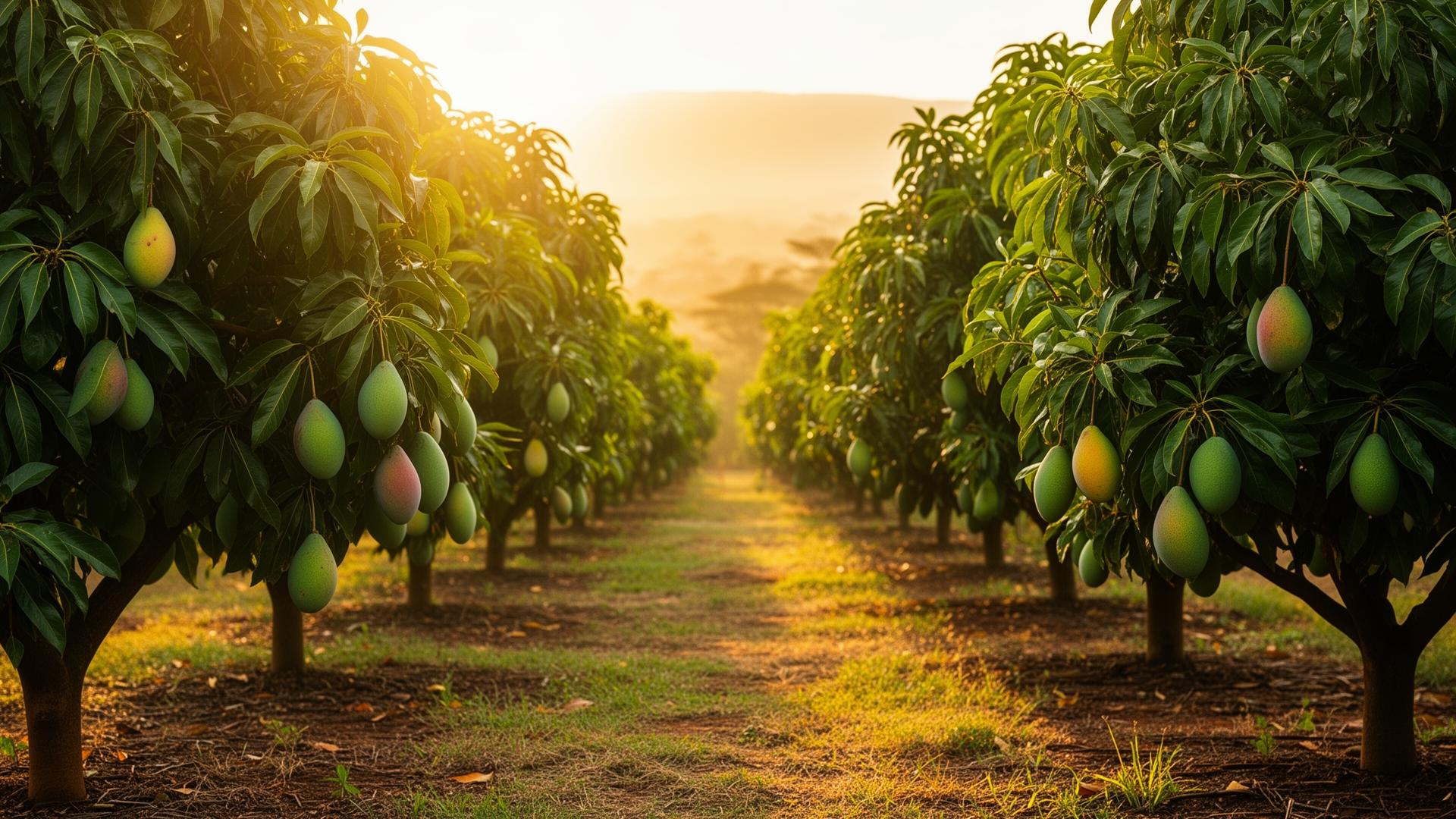 Lush Kenyan fruit orchard at golden hour